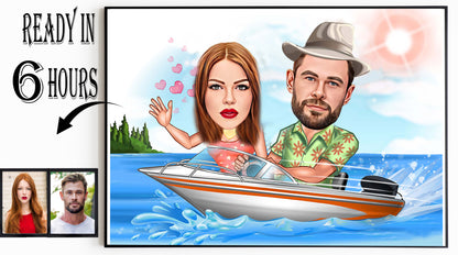 Personalized Couple Boat Ride ring Cartoon, Couple Caricature from Photo, Couple Gift for Anniversary, Couple Portrait, Couple Cartoon Drawing, Anniversary Gift