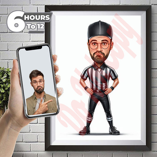 Football Referee Caricature, Custom Soccer Ref Portrait, Personalized Gift for Referee or Coach, Fun Sports Artwork for Birthday or Retirement
