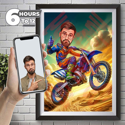 Custom Motocross Cartoon Portrait, Motocross Portrait, Gift for Motorcyclist, Motocross Caricature, Caricature from Photo, Motocross Drawing