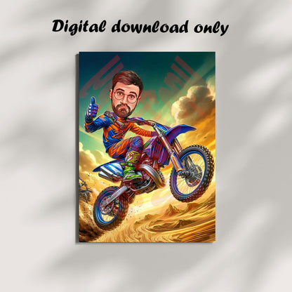 Custom Motocross Cartoon Portrait, Motocross Portrait, Gift for Motorcyclist, Motocross Caricature, Caricature from Photo, Motocross Drawing