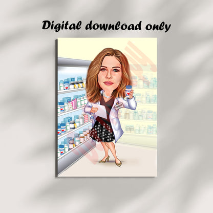 Female Pharmacist Gift for Women, Pharmacist Caricature from Photo, Pharmacist Drawing Art, Funny Pharmacist Portrait, Pharmacy Cartoon Draw