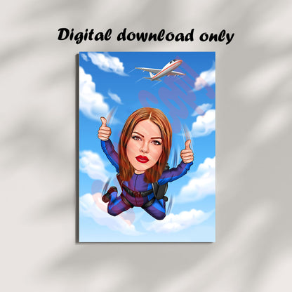 Custom Female Skydiver Cartoon Portrait, Skydiver Caricature, Skydiver Gift, Funny Skydiver Caricature, Skydiving Portrait, Caricature from Photo