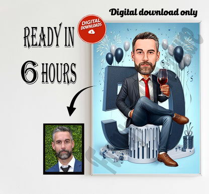 Custom 50th Birthday Caricature from Photos, Happy Birthday Cartoon Portrait Gift, Happy 50th Birthday, Caricature from photo